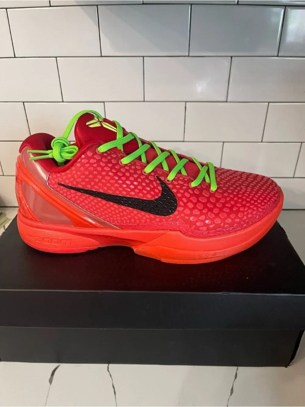 Red Kobe 6 Bright Green Laces Athletic Shoes